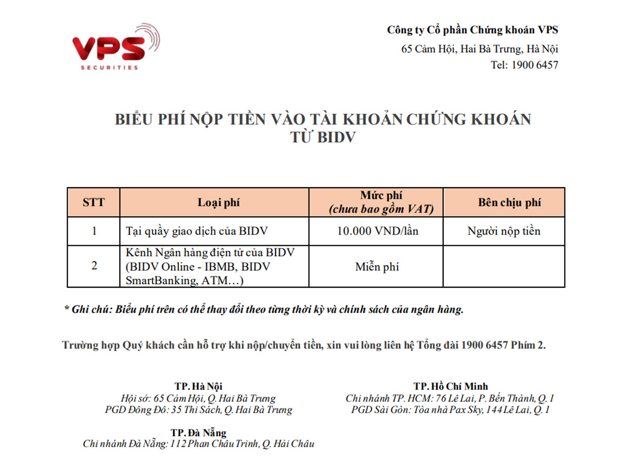 Biểu phí nộp rút ngân hàng BIDV tại VPS